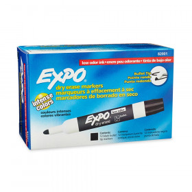 Low Odor Dry Erase Markers, Bullet Tip, Black, Box of 12