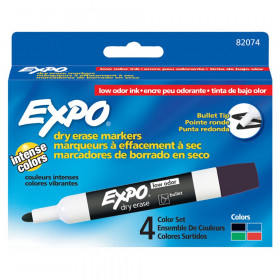 Low Odor Dry Erase Markers, Bullet Tip, Asstd Colors, 4 Per Pack