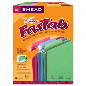 Erasable FasTab Hanging File Folder, 1/3-Cut Built-In Tab, Letter Size, Assorted Colors, 18 Per Box