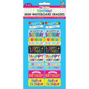 Non-Magnetic Mini Whiteboard Erasers, Happy Birthday, Pack of 16 - ASH78016 | Ashley Productions | Erasers