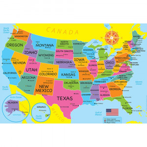 Placemat Studio Smart Poly USA Map Learning Placemat, 13" x 19", Single Sided, Pack of 10 - ASH95700 | Ashley Productions | Maps & Map Skills