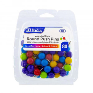 Round Push Pins, Assorted Color, Pack of 80 - BAZ209 | Bazic Products | Push Pins