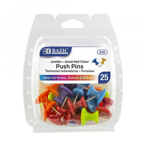 Jumbo Push Pins, Assorted Color, Pack of 25 - BAZ210 | Bazic Products | Push Pins
