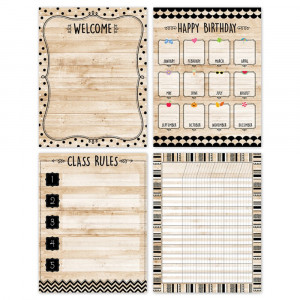 Core Decor Black, White, and Wood Classroom Essentials 4-Chart Pack - CTP10990 | Creative Teaching Press | Classroom Theme