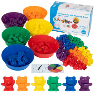 Sorting Bears with Matching Bowls - Early Math Manipulatives - 68pc Set - 60 Bear Counters, 6 Bowls & 2 Game Spinners - Home Learning - CTU13105 | Learning Advantage | Sorting