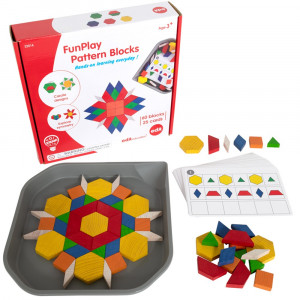 FunPlay Pattern Blocks - Homeschool Kit for Kids - Set of 60 Wooden Math Manipulatives + 50 Activities + Messy Tray - CTU22014 | Learning Advantage | Math