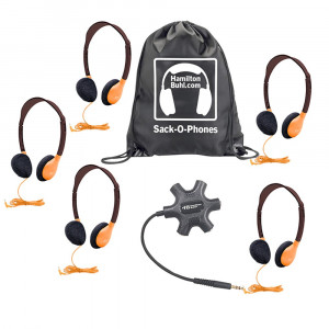 Galaxy Econo-Line of Sack-O-Phones with 5 Orange Personal-Sized Headphones, Starfish Jackbox and Carry Bag - HECGJB5HA2ORG | Hamilton Electronics Vcom | Headphones