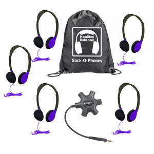 Galaxy Econo-Line of Sack-O-Phones with 5 Purple Personal-Sized Headphones, Starfish Jackbox and Carry Bag - HECGJB5HA2PPL | Hamilton Electronics Vcom | Headphones