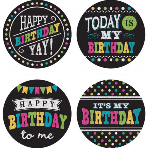 Chalkboard Brights Happy Birthday Wear 'Em Badges, Pack of 32 - TCR5601 | Teacher Created Resources | Badges