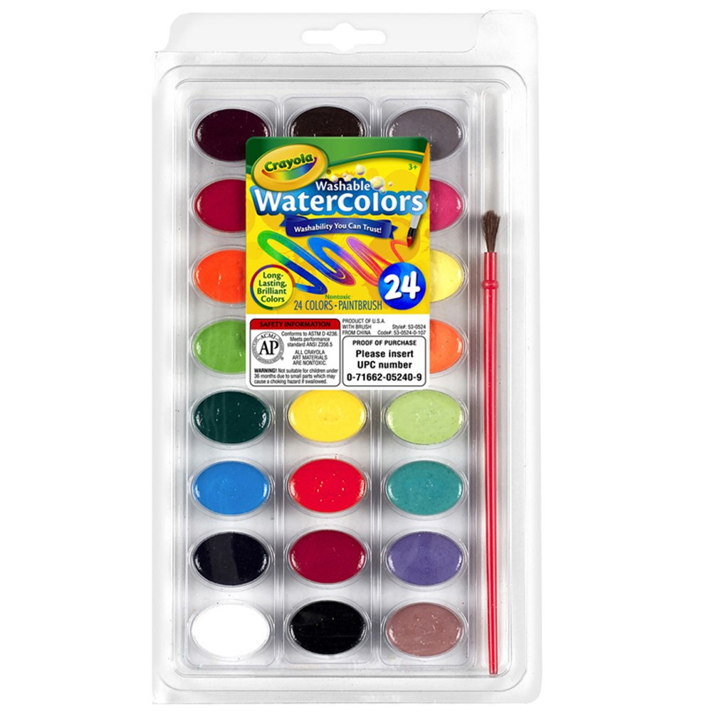 Washable Watercolor Pans with Plastic Handled Brush, 24 Colors - BIN530524, Crayola Llc
