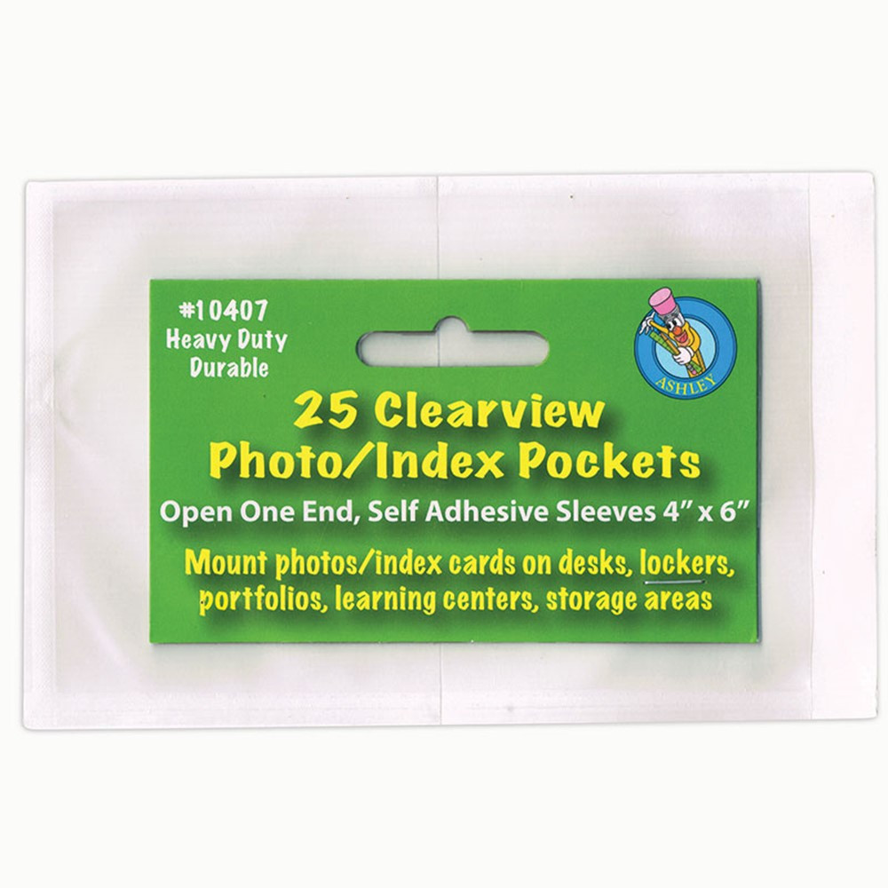 ASH10407 - Clear View Self-Adhesive 25/Pk Pockets Photo/Index Card 4 X 6 in Sheet Protectors