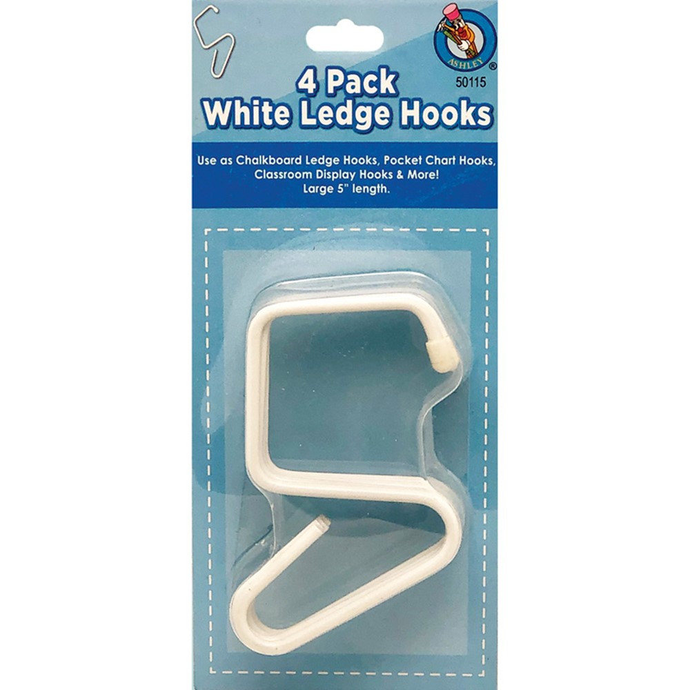 Classroom Ledge Hooks for Chalkboard Trays, White, 4-Pack - ASH50115 | Ashley Productions | Adhesives