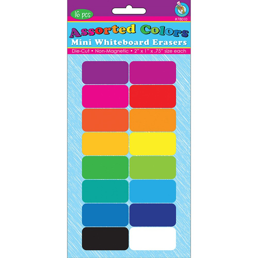 Non-Magnetic Mini Whiteboard Erasers, Assorted Colors, Pack of 16 - ASH78010 | Ashley Productions | Erasers