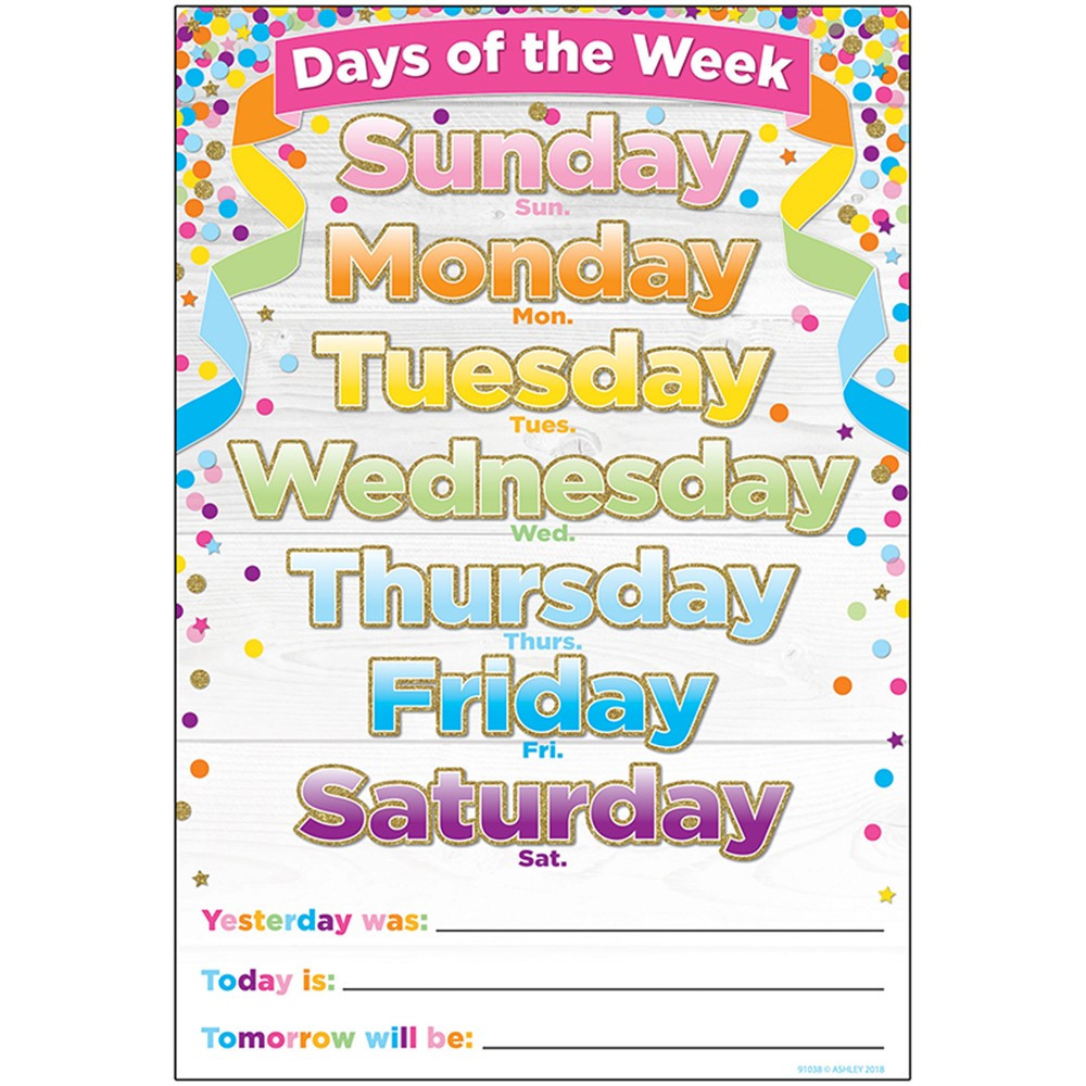 ASH91038 - Smart Confetti Days The Week Chart Dry-Erase Surface in Classroom Theme