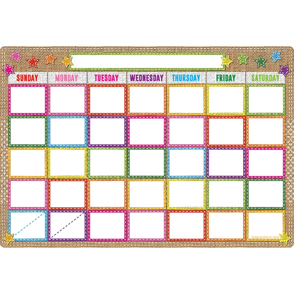 ASH91053 - Smart Burlap Stitched Calendar Dry-Erase Surface in Classroom Theme