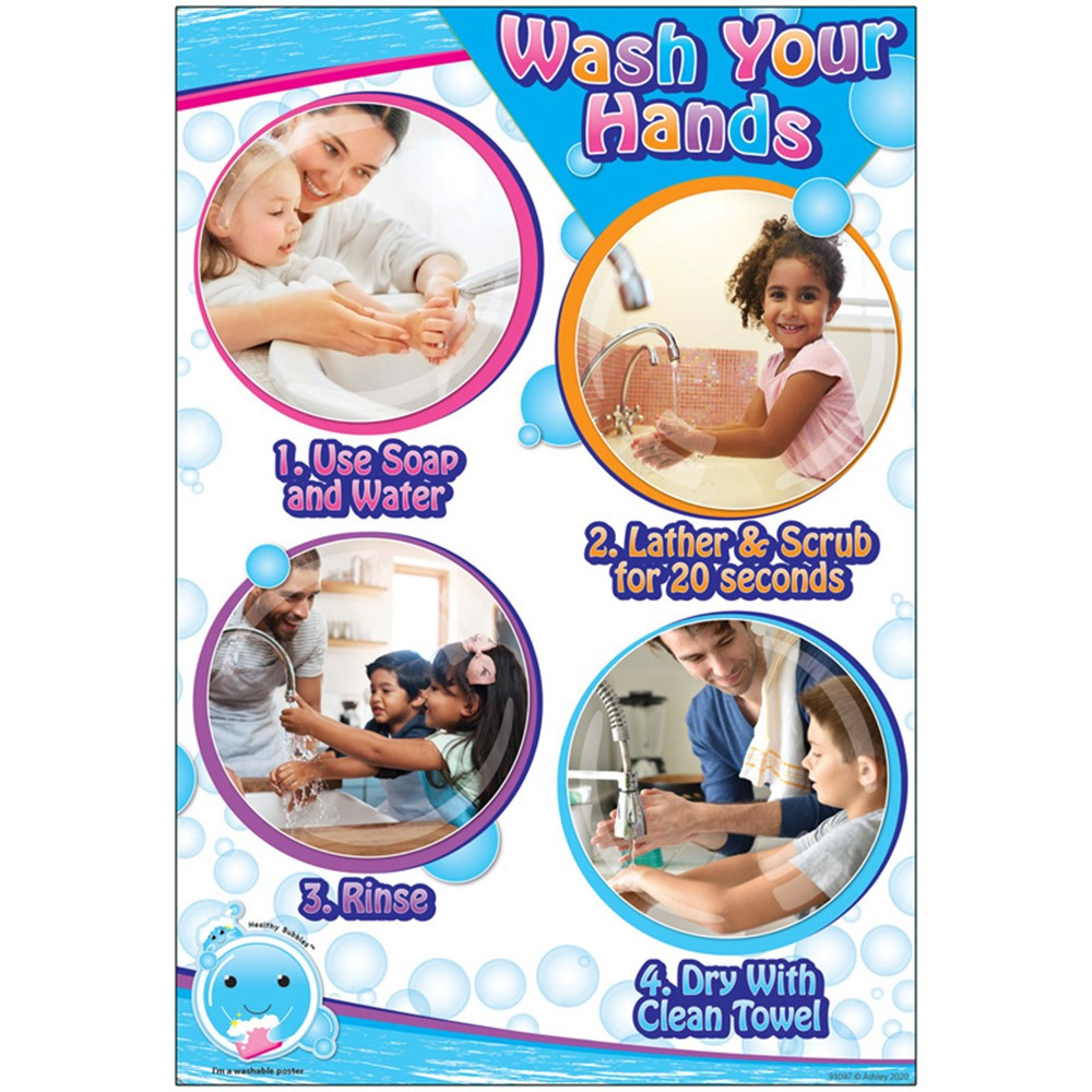 Healthy Bubbles Smart Poly Chart, Wash Your Hands 4 Bubbles, 13 x 19" - ASH91097 | Ashley Productions | Classroom Theme"