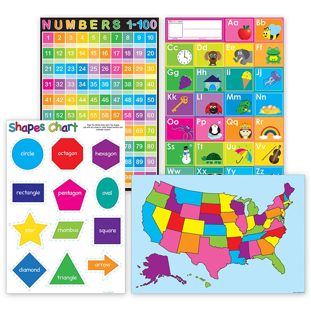 Smart Poly Primary Learning Charts, 13" x 19", Dry-Erase Surface, Set of 4 - ASH91211 | Ashley Productions | Classroom Theme
