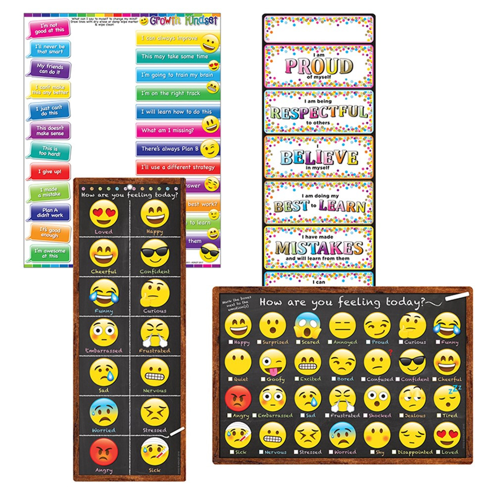 Smart Poly Assorted Growth Mindset Charts, 13" x 19", Dry-Erase Surface, Set of 4 - ASH91213 | Ashley Productions | Social Studies