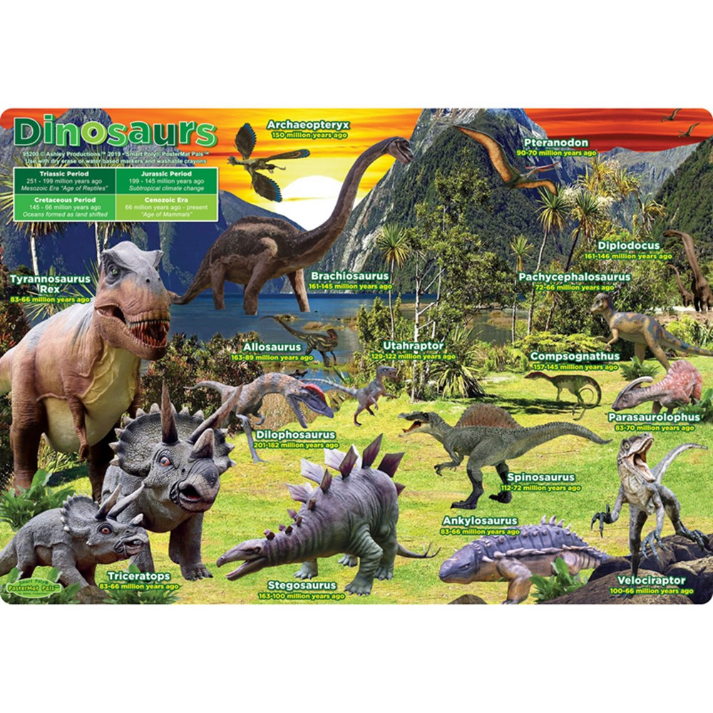 Smart Poly Single Sided PosterMat Pals, Dinosaurs, 12 x 17.25" - ASH95200 | Ashley Productions | Science"