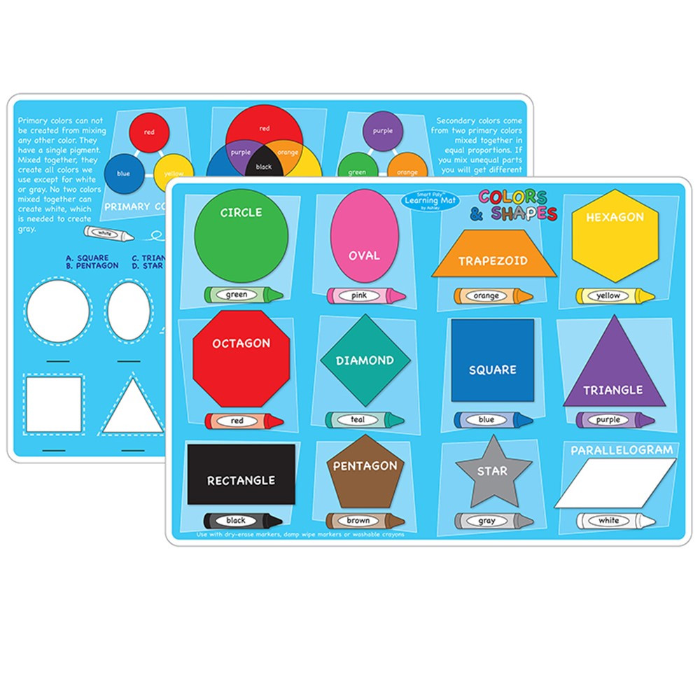 ASH95622 - 10Pk Colors And Shapes Learning Mat 2 Sided Write On Wipe Off in Resources