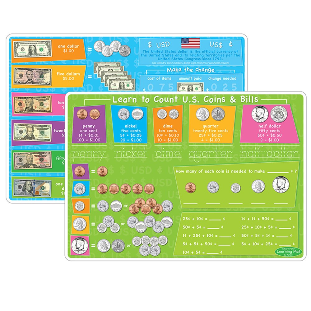 ASH95627 - 10Pk Us Money & Coins Learning Mat 2 Sided Write On Wipe Off in Money