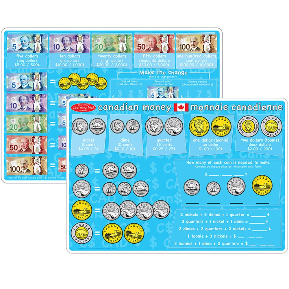 ASH95629 - 10Pk Canadian Money Learning Mat 2 Sided Write On Wipe Off in Money
