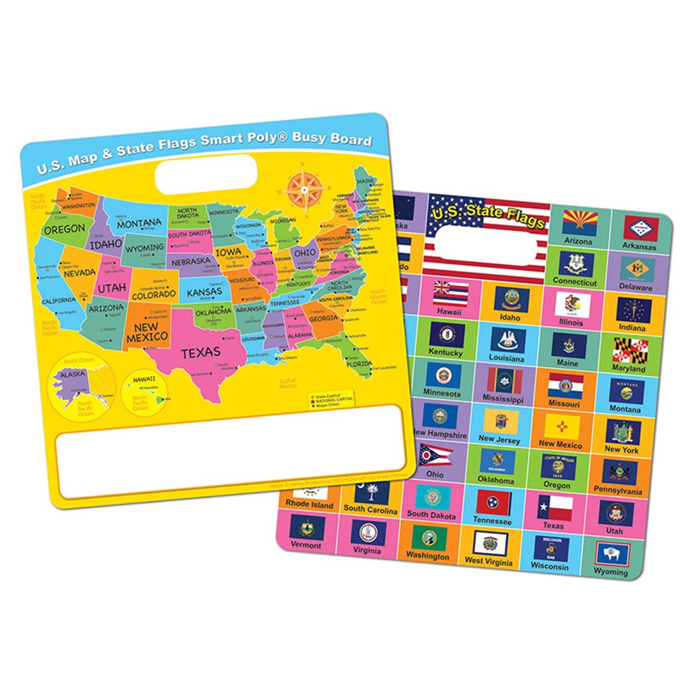 Smart Poly Educational Activity Busy Board, Dry Erase with Marker, 10-3/4" x 10-3/4", US Map/ State Flags - ASH98008 | Ashley Productions | Maps & Map Skills