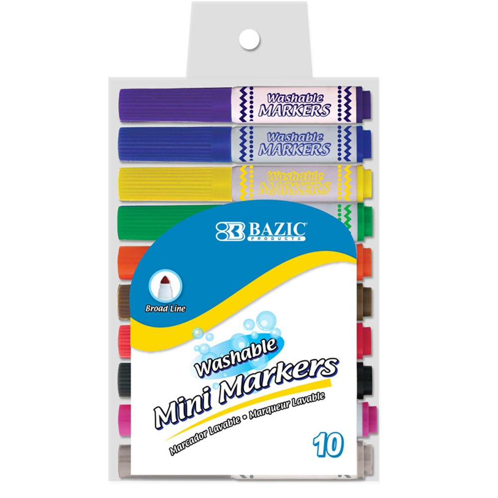 Washable Markers, Mini Broad Line, 10 Colors - BAZ1220 | Bazic Products | Markers