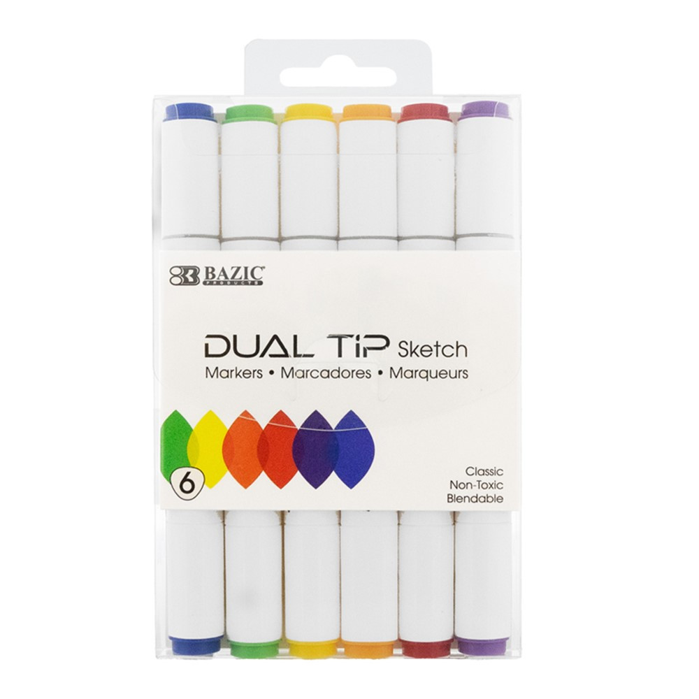 Dual Tip Sketch Markers, 6 Primary Colors - BAZ1229 | Bazic Products | Markers