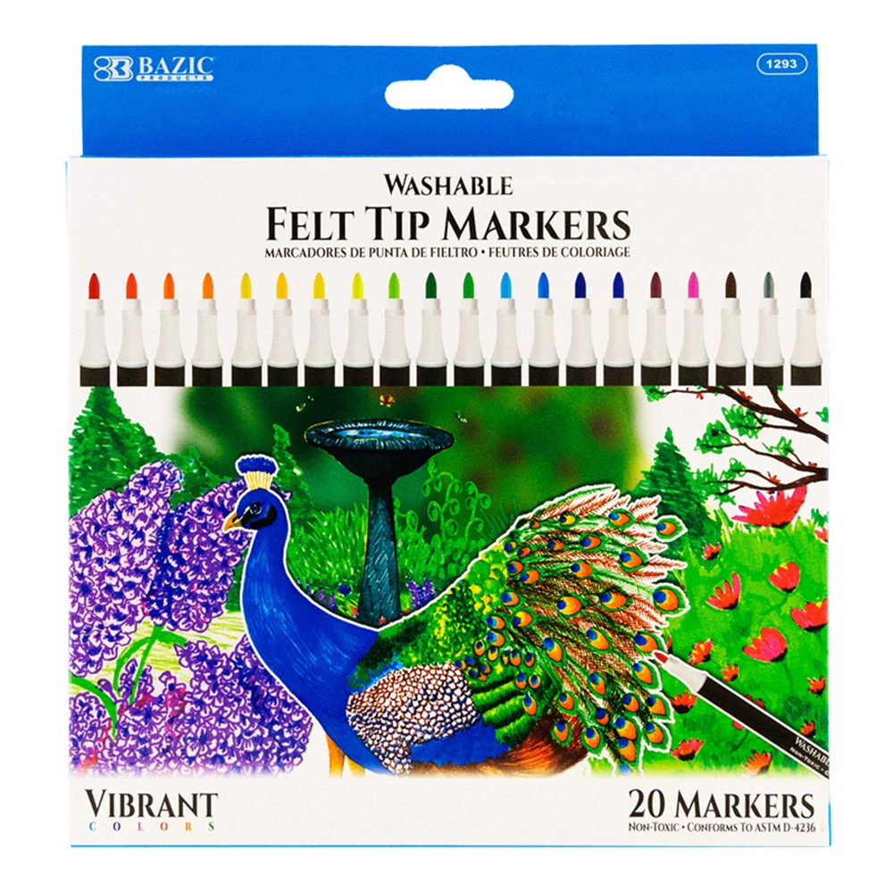 Felt Tip Washable Markers, 20 Colors - BAZ1293 | Bazic Products | Markers