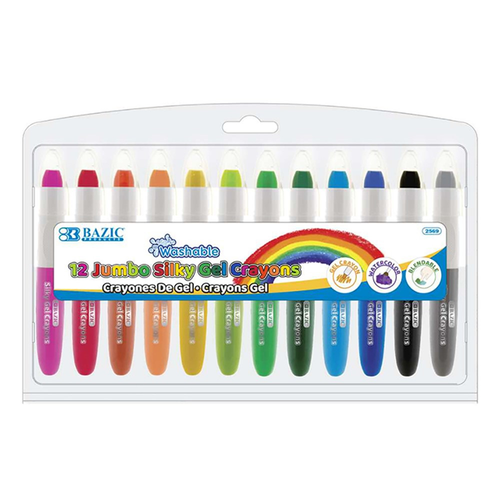 Washable Jumbo Silky Gel Crayons, 12 Colors - BAZ2569 | Bazic Products | Crayons