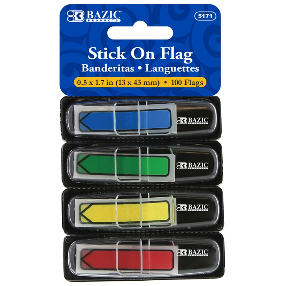 Neon Primary Color Printed Arrow Flags with Dispenser, 25 ct., 4/Pack - BAZ5171 | Bazic Products | Post It & Self-Stick Notes
