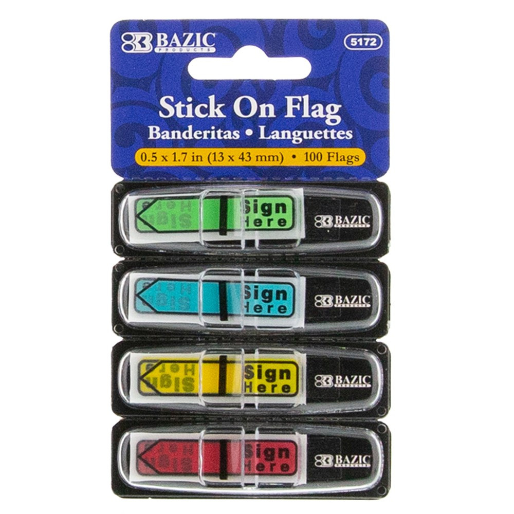 Neon Color Printed Sign Here Flags with Dispenser, 25 ct., 4/Pack - BAZ5172 | Bazic Products | Post It & Self-Stick Notes