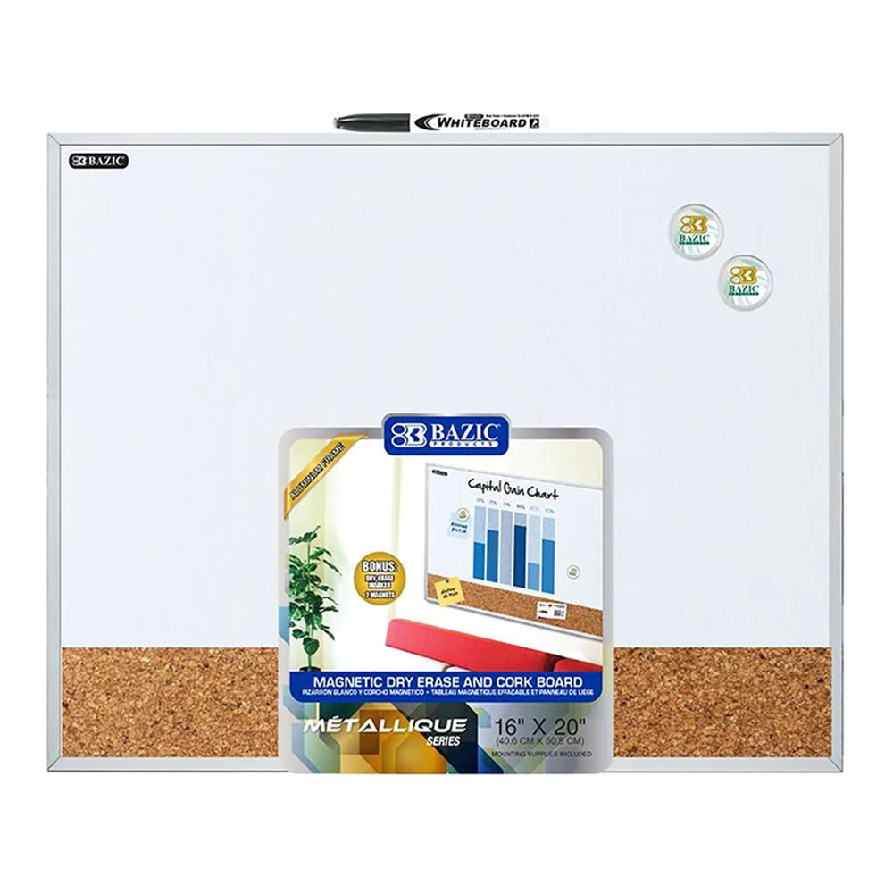 Aluminum Framed Magnetic Dry Erase/Cork Combo Board, 16 x 20" - BAZ6053 | Bazic Products | Dry Erase Boards"