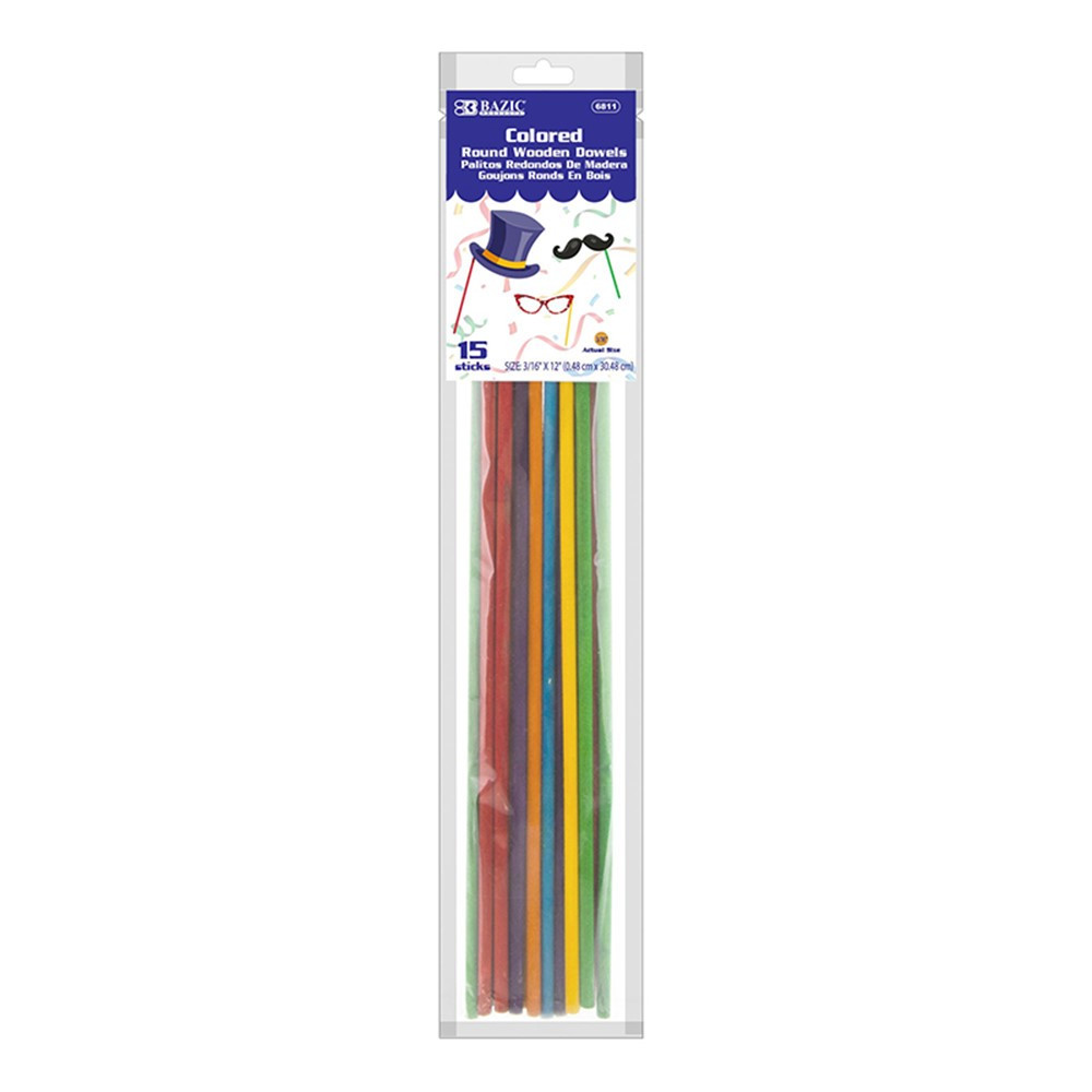 Round Multi-Colored Wooden Dowel, 3/16" x 12", Pack of 15 - BAZ6811 | Bazic Products | Craft Sticks