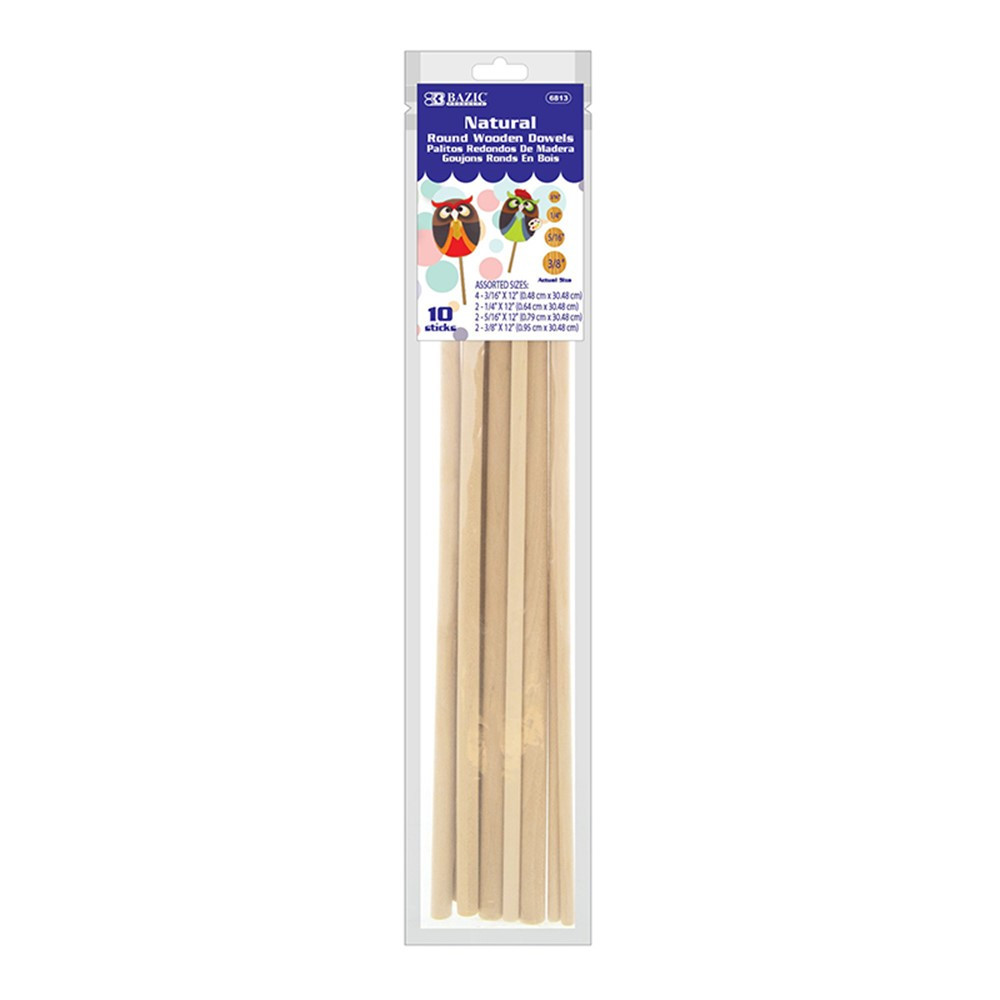 Assorted Round Natural Wooden Dowel, Pack of 10 - BAZ6813, Bazic Products