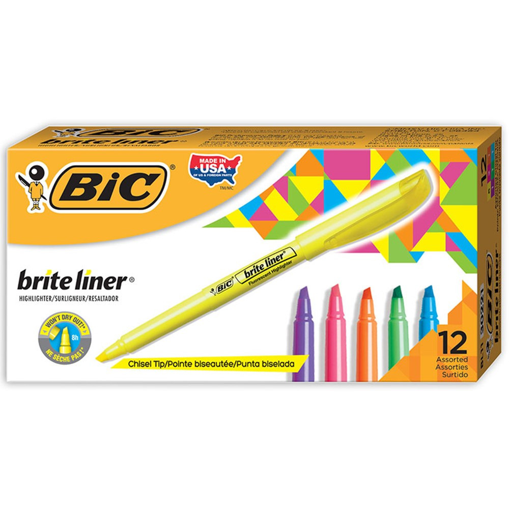 Brite Liner Highlighters Markers, Assorted Highlighters Colors, Chisel Tip, Won't Dry Out, 12-Count Pack - BICBL11AST | Bic Usa Inc | Highlighters