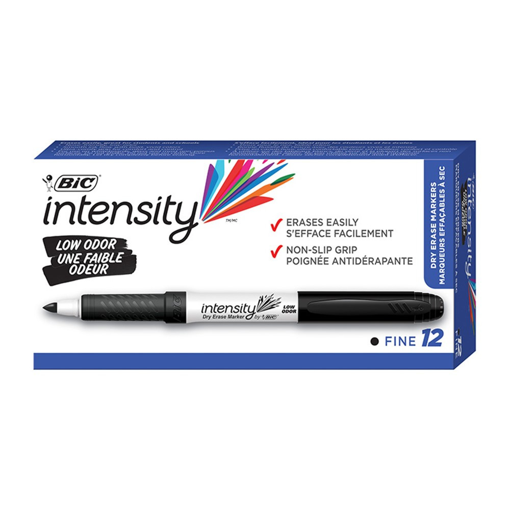 Intensity Low Odor Dry Erase Markers, Fine Tip Dry Erase Markers (6.34 mm), Black, 12-Count Pack - BICGDE11BLK | Bic Usa Inc | Markers