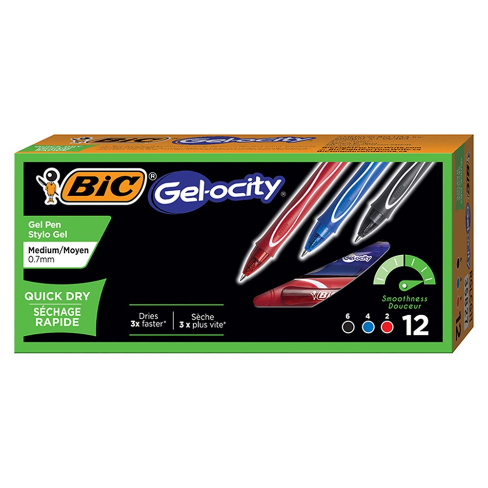 BIC Gel-ocity Quick Dry Gel Ink Pens Medium Tip (0.7 mm) - Assorted  Colours, Pack of 6 BIC