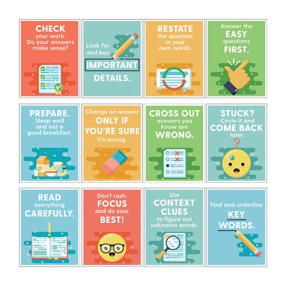 Mini Posters: Test-Taking Strategies Poster Set, Grade 2-6, 12 Pieces - CD-106013 | Carson Dellosa Education | Classroom Theme