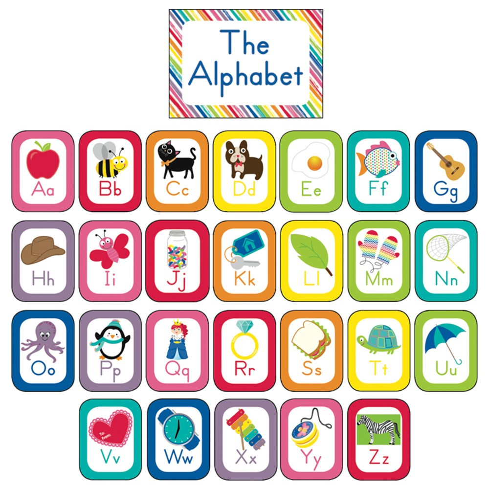 CD-110392 - Just Teach Alphabet Cards Bulletin Board Set School Girl Style in Classroom Theme