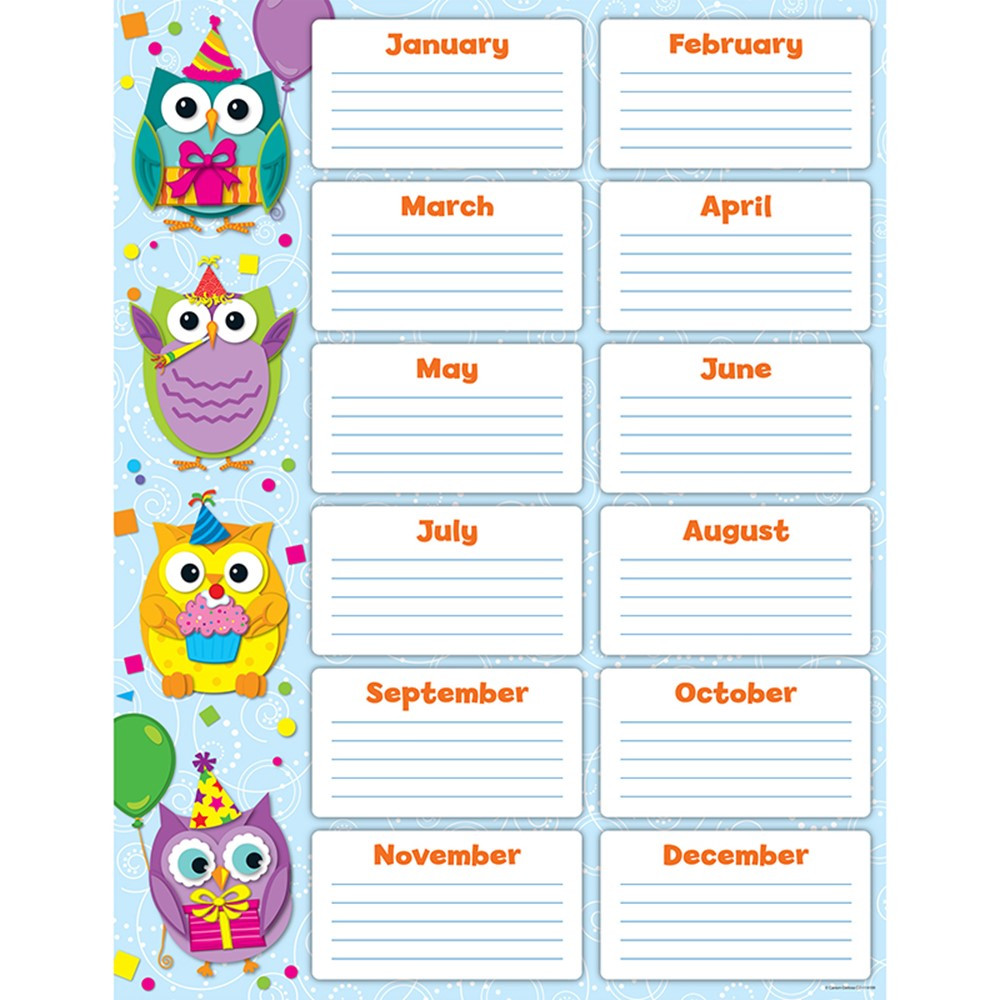 CD-114199 - Colorful Owls Birthday Chart in Classroom Theme
