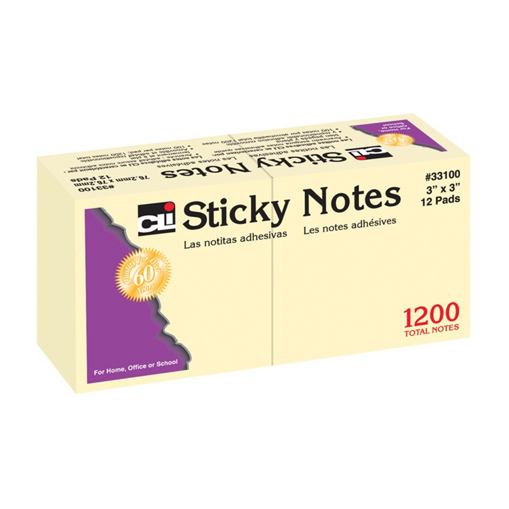 Sticky Notes, 3 x 3 Inch, 100 Sheets/Pad, Yellow, 12 Pads - CHL33100, Charles Leonard