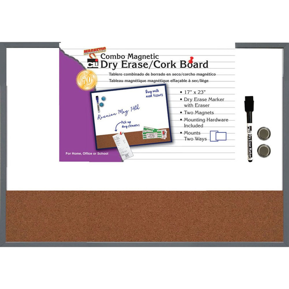 Magnetic Dry Erase Board with Cork Board, 17" x 23", w/Eraser/Marker and 2 Magnets, Gray Frame, 1 Each - CHL35415 | Charles Leonard | Dry Erase Boards