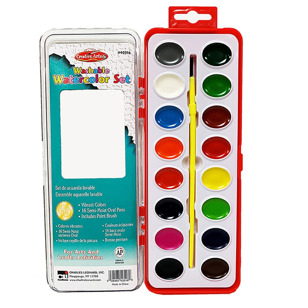Washable Water Color Set, Oval Pan w/Brush, 16 Assorted Colors, 1 Set - CHL40516 | Charles Leonard | Paint