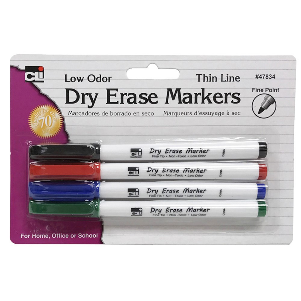 CHL47834 - Dry Erase Marker Thin Line 4 Pk Assorted Colors in Whiteboard Accessories