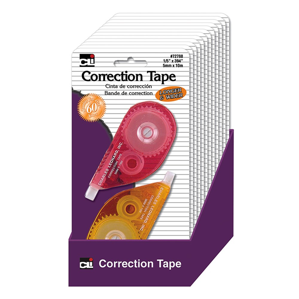 Correction Tape - 1/5" X 394" - Assorted Colors, 12 Cds/Shelf Tray - CHL72788ST | Charles Leonard | Liquid Paper