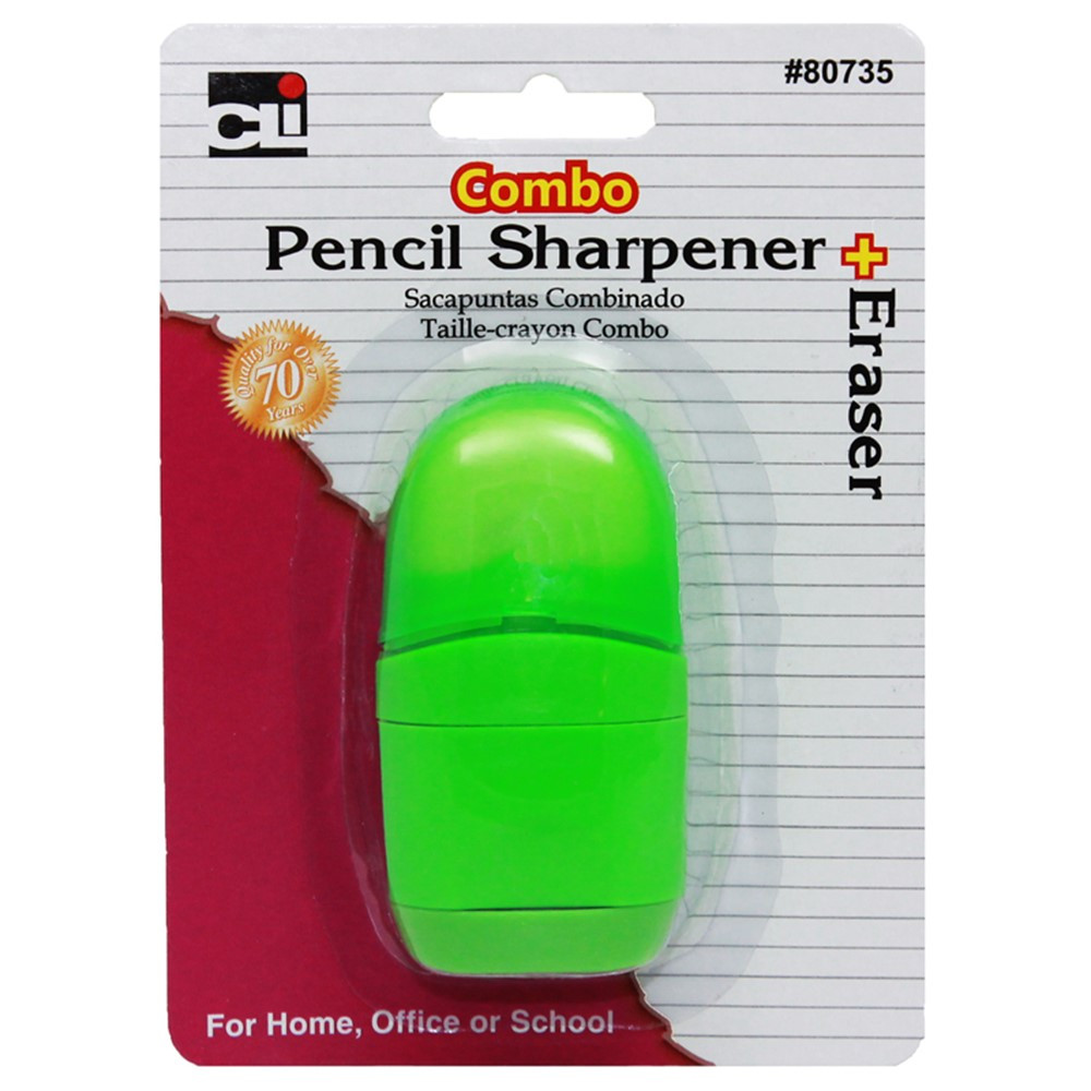 Pencil Sharpener/Eraser Combo - 1 Hole with Eraser, Plastic, with Receptacle, Assorted Colors - CHL80735 | Charles Leonard | Pencils & Accessories