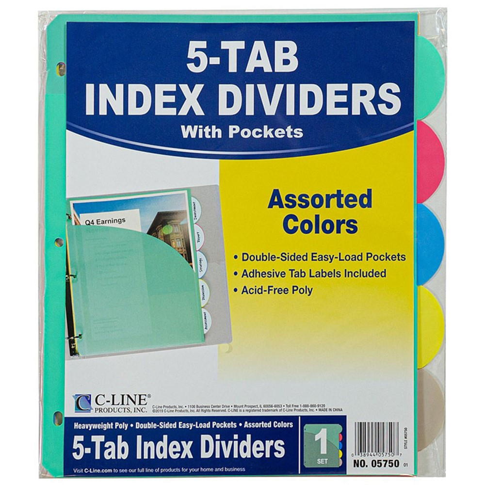 CLine 5Tab Poly Index Dividers w/Slant Pocket, Asstd Colors