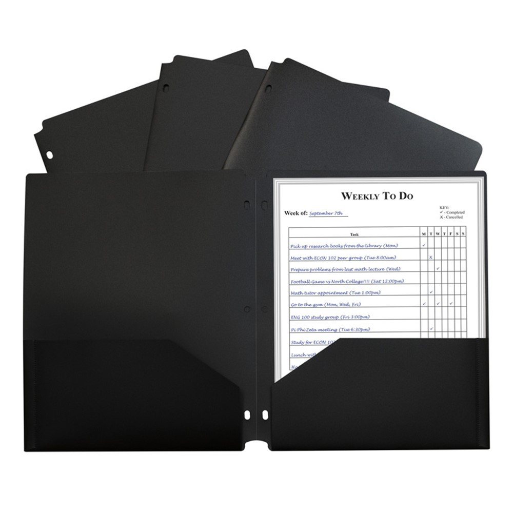 CLI33931 - 2 Pocket Poly Portfolio Black W/ 3 Hole Punch in Folders